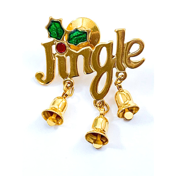 Avon Jingle Bells Tac Pin - Shiny Gold Tone with 2 Dangling Bell, Enamel Holly - Picture 4 of 7